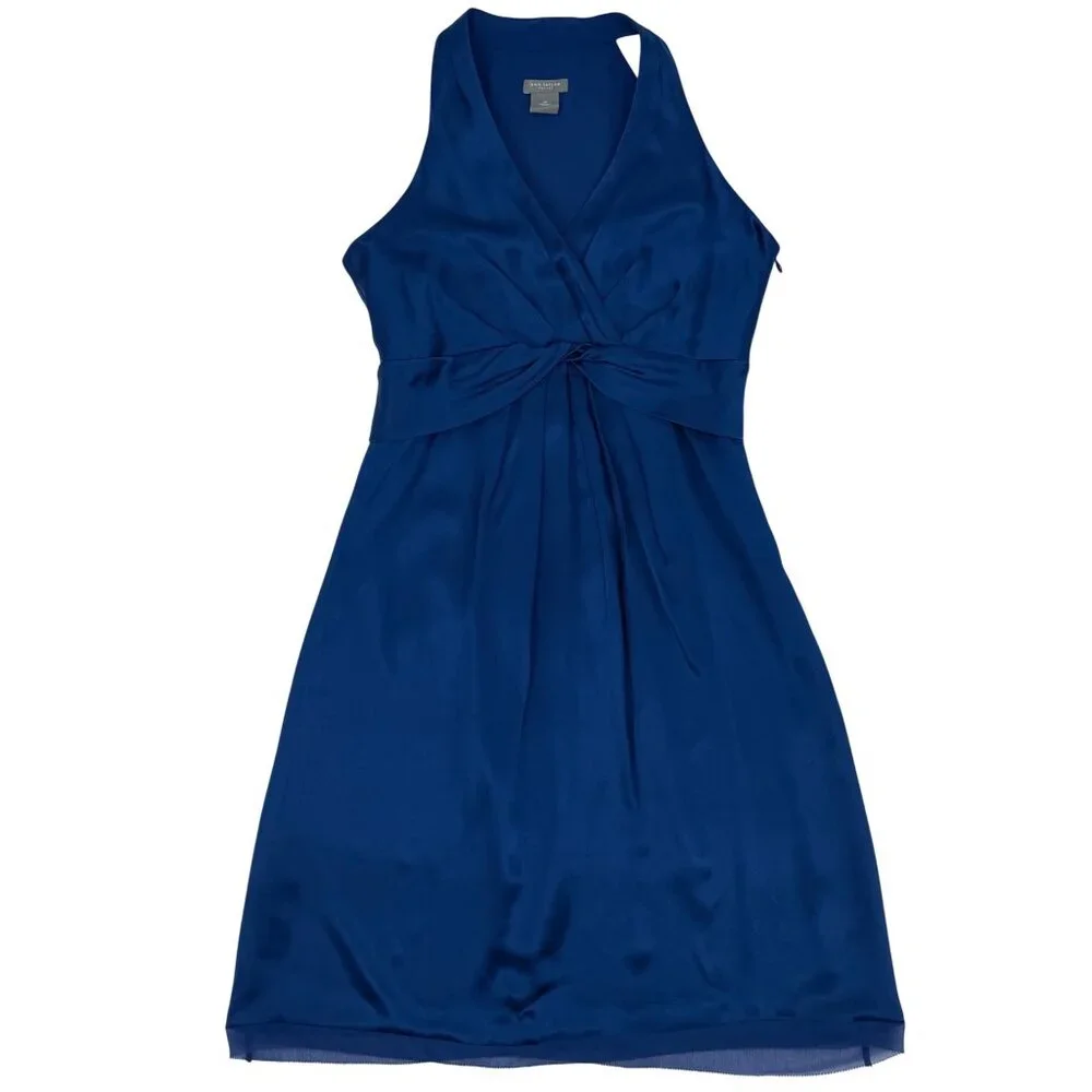 VTG Ann Taylor Royal Blue Silk A-Line Twist Front Mini Dress | 90s Quiet Luxury - Picture 2 of 12